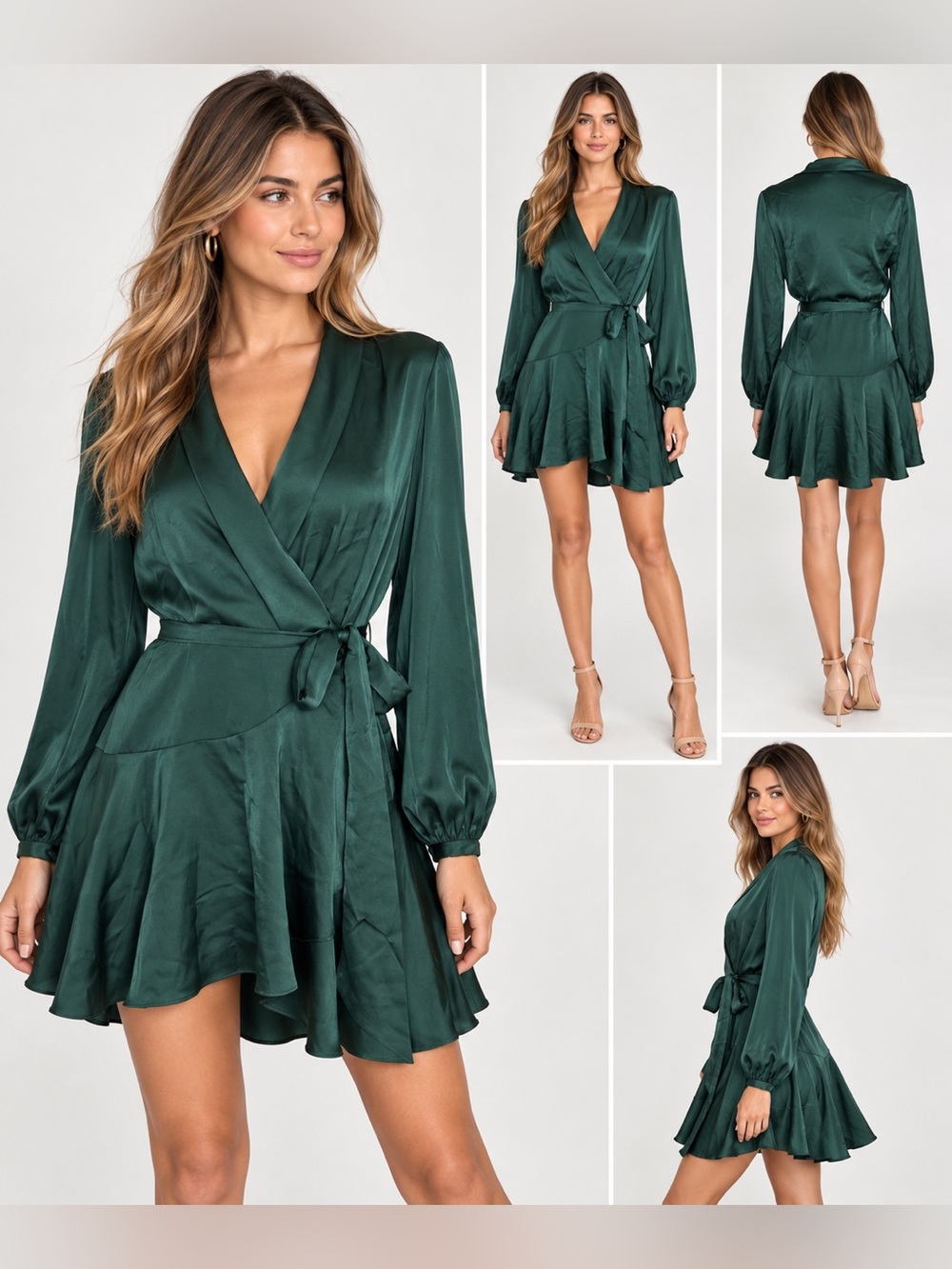 Lucy Paris Adonia Emerald Green Satin Long Sleeve Wrap Mini Dress M Medium